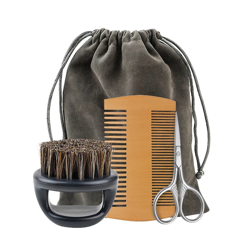Men's Shaving Brush Set Boar Bristle Portable Barber Natural Beard Brush Comb Scissors for Facial Cleaning Styling Tool