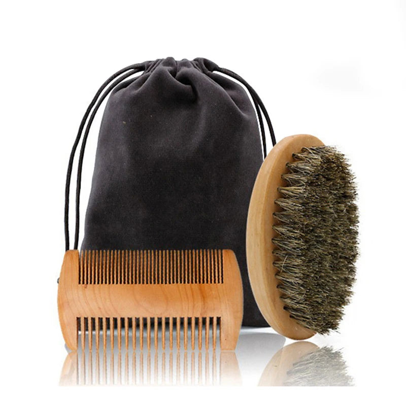 Men's Shaving Brush Set Boar Bristle Portable Barber Natural Beard Brush Comb Scissors for Facial Cleaning Styling Tool