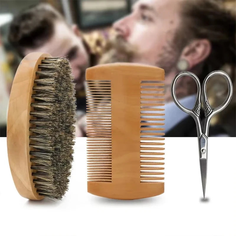 Men's Shaving Brush Set Boar Bristle Portable Barber Natural Beard Brush Comb Scissors for Facial Cleaning Styling Tool