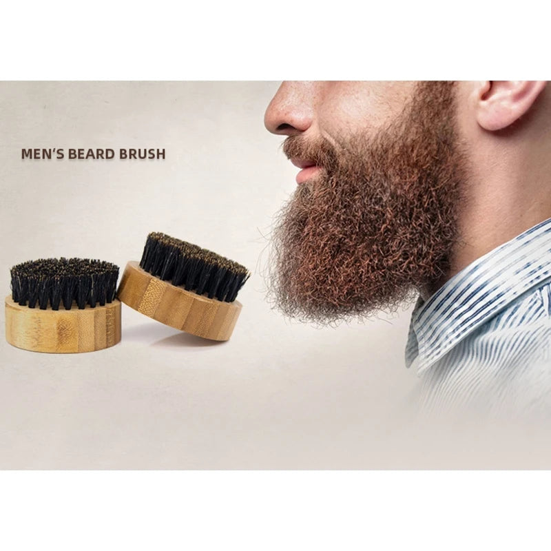 Q1QD Round Handle Beard & Mustache Brush Hair Boar Bristle Beard Brush Massage Comb Men Beard Grooming Tool