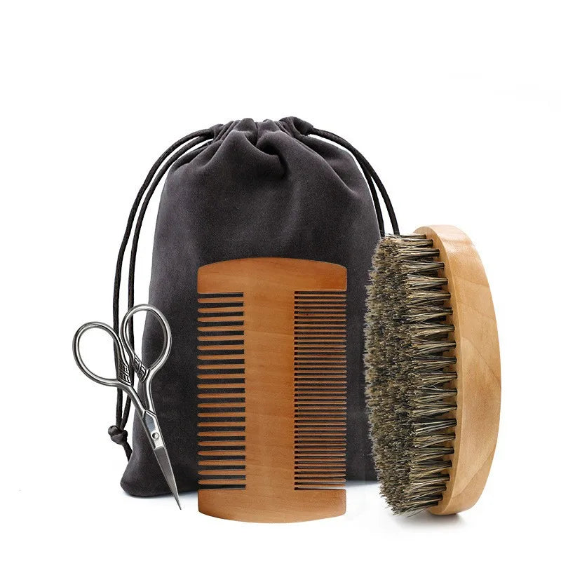 Men's Shaving Brush Set Boar Bristle Portable Barber Natural Beard Brush Comb Scissors for Facial Cleaning Styling Tool
